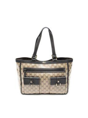 Gucci Abbey Pocket Tote Bag Dark Brown Beige Monogram Patterned Crystal